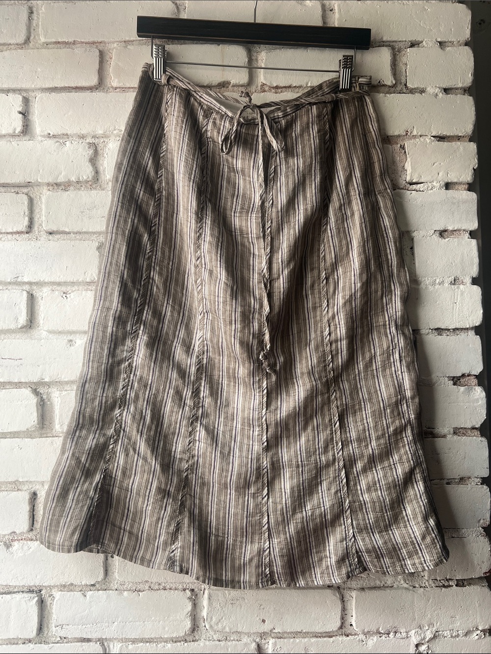 Striped Linen Blend Midi Skirt - Taupe Stripe tie up waist simple bell